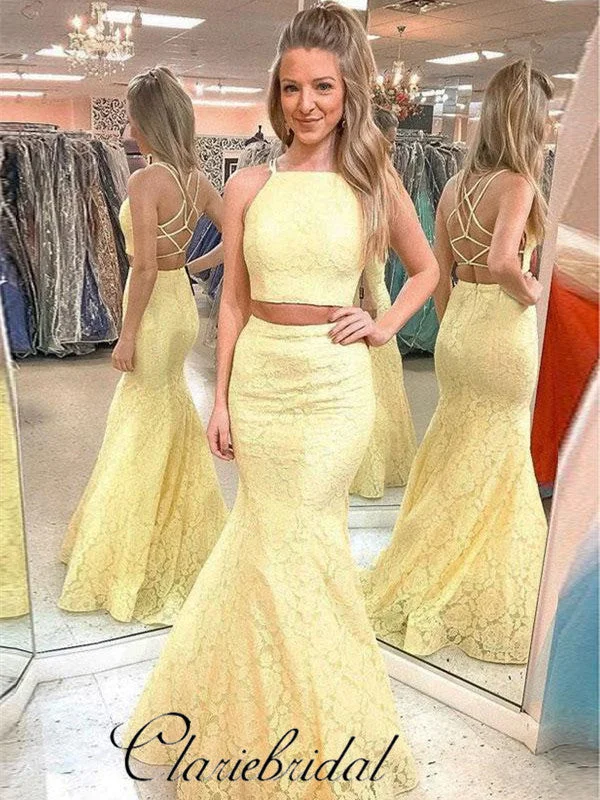 vintage prom dresses2 Pieces Yellow Lace Prom Dresses, Mermaid Prom Dresses, Popular Prom Dresses