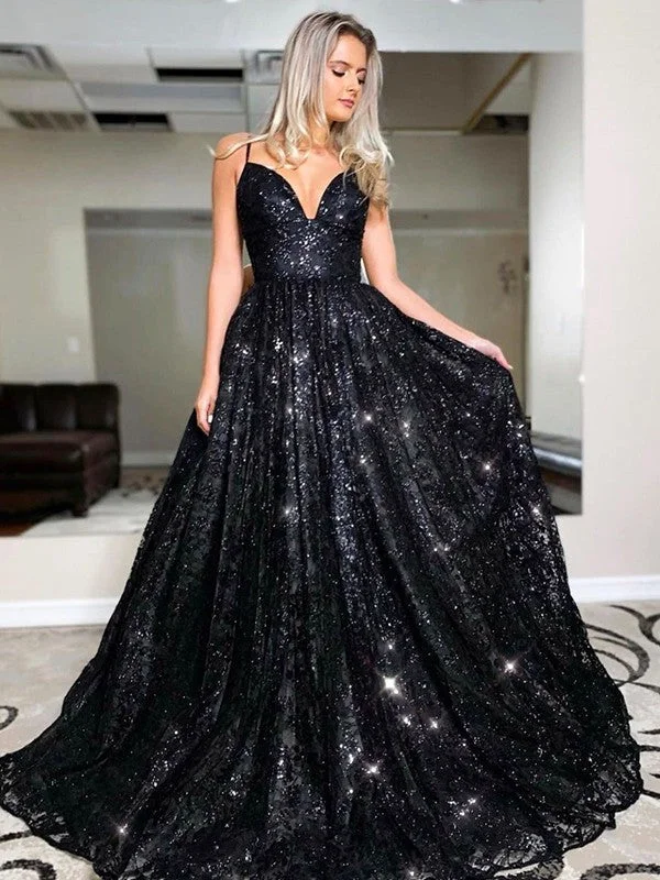 luxury prom dresses2025 A Line Black Sequin Prom Dresses V Neck Spaghetti Straps Lace Up