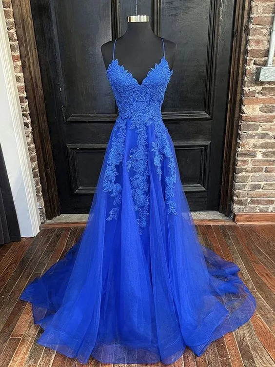 elegant prom dressesA Line Blue Lace Prom Dresses 2025 Cheap V Neck Formal Dresses