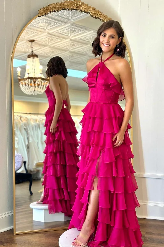 prom dress preservationA-line Halter Fuchsia Ruffle Prom Dress Tiered Formal Dress