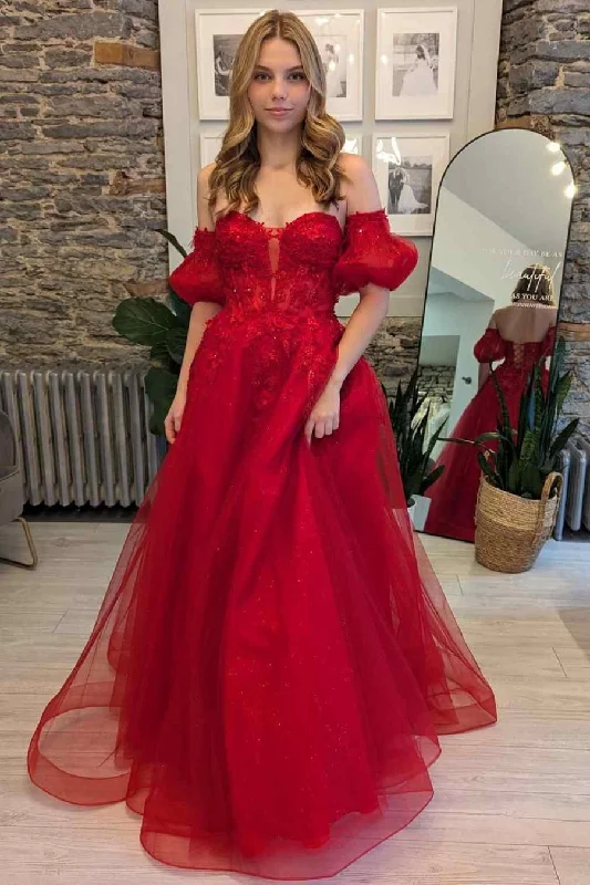 prom dress style guidesA-Line Long Prom Dress Red Strapless Lace Tulle with Appliques