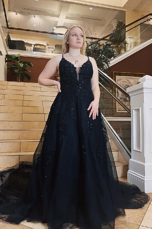 prom dress style guidesA-Line Plus Size Black 2025 Prom Dresses Lace Spaghetti Straps Tulle Formal Dress