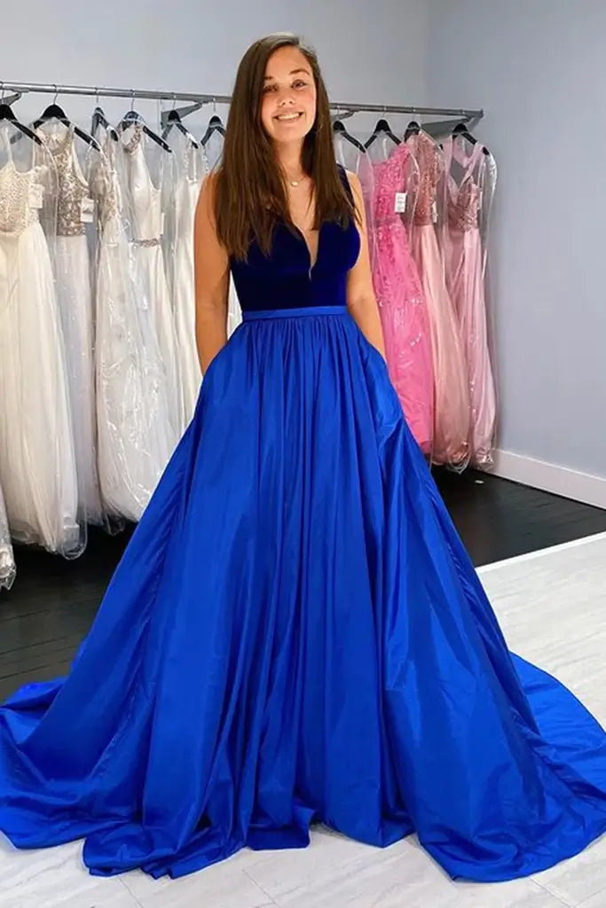 modern prom dressesA-line Royal Blue Satin Velvet Prom Dresses V-neck Sweep Train With Pockets