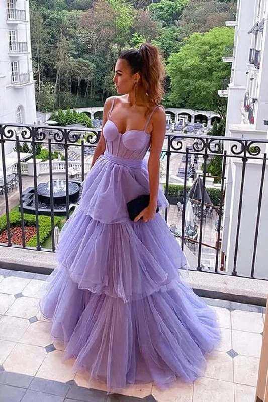 prom dress style guidesA-line Tulle Tiered Prom Dresses Purple Spaghetti Straps Long Formal Dress