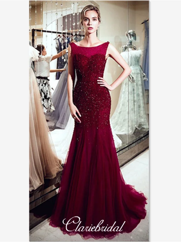 geometric print prom dressesBurgundy Beaded Tulle Long Prom Dresses, Mermaid Newest Prom Dresses