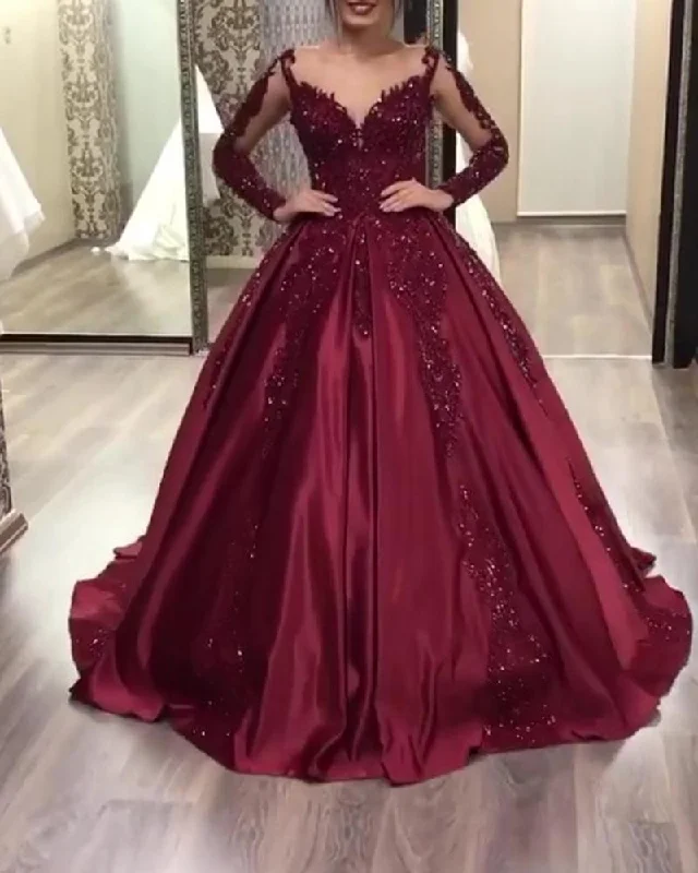 prom dresses for pear shapes2025 Burgundy Long Sleeves Satin Prom Dresses Ball Gown Sweet 16 Dresses