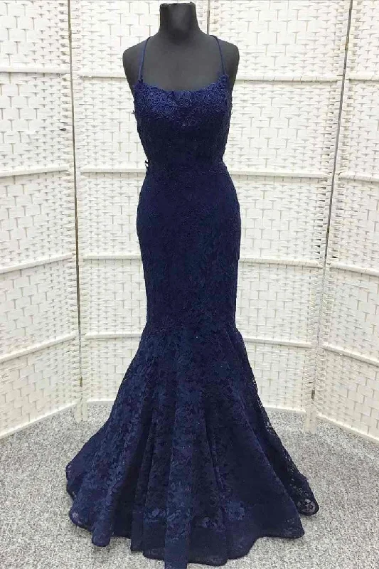 glamorous prom dressesBuy Dark Navy Blue Long Prom Dress Lace Embroidered Trumpet