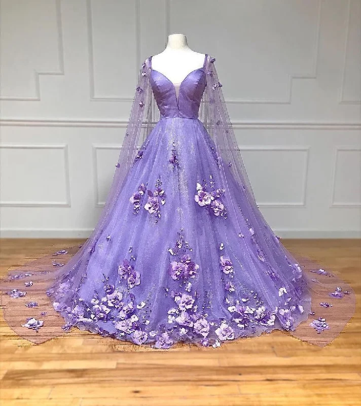 satin prom dressesPrincess Lavender Prom Dress 3D Flowers Tulle Formal Dress with Cape