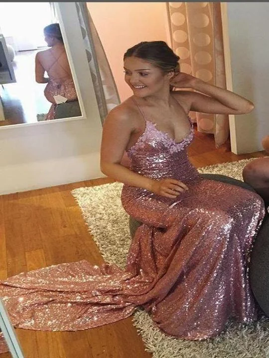 glamorous prom dressesCross Back Pink Sequin Mermaid Prom Dresses, Appliques Prom Dresses, Prom Dresses