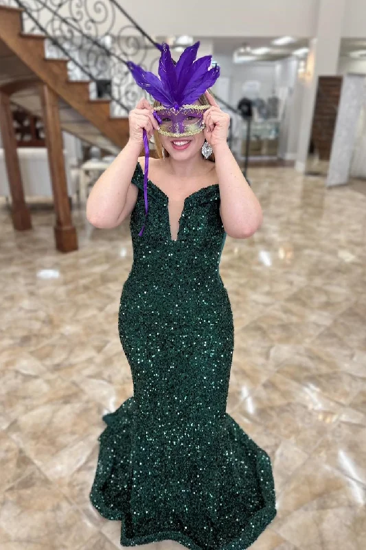 prom dress fitting adviceDark Green Long Formal Prom Dress Off the Shoulder Sequin Dress Mermaid