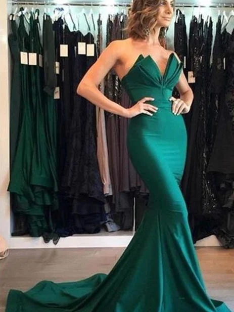 dark prom dressesEmerald Green Mermaid Elastic Satin Prom Dresses, Prom Dresses, Long Prom Dresses