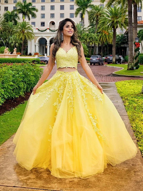 bespoke prom dressesFloor-Length Two Piece Yellow Lace Prom Dresses A-Line Tulle  V-neck Sleeveless