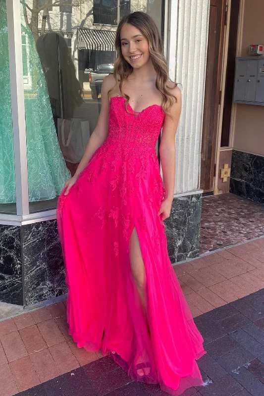 thigh-high slit prom dressesFloral Hot Pink 2024 Prom Dresses A-line Long Strapless Appliques