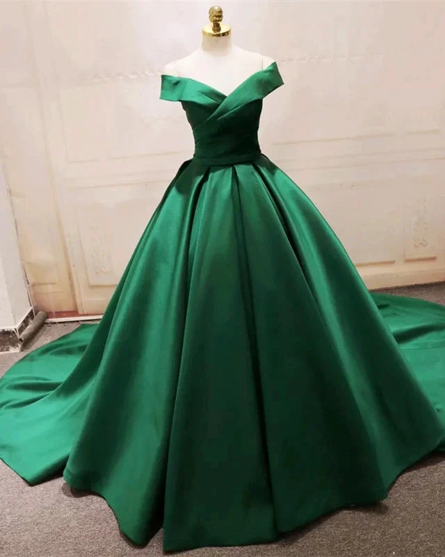 classic prom dressesGreen Satin Prom Dresses Long Off The Shoulder Ball Gowns Quinceanera Dresses