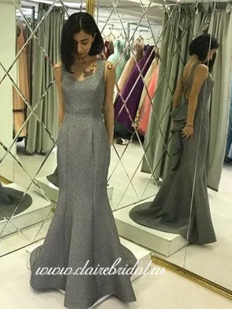 empire waist prom dressesGrey Sheen Satin Mermaid Prom Dresses, Ruffled Long Prom Dresses, Prom Dresses