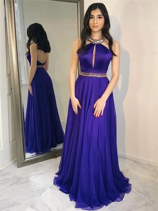 prom dresses with trainsHalter Backless Chiffon Rhinestone Prom Dresses, Long Prom Dresses, Prom Dresses