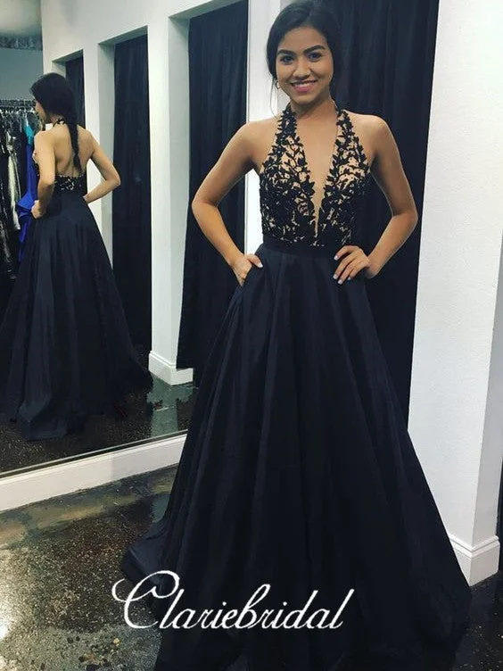 illusion sleeve prom dressesHalter Black Lace Satin Prom Dresses, Popular Prom Dresses, Long Prom Dresses