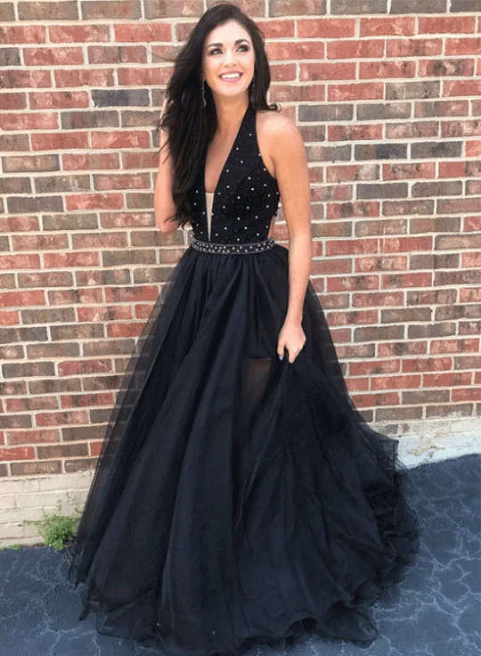 beaded prom dressesHalter V-neck Black Lace Tulle Prom Dresses, Beaded Prom Dresses, Long Prom Dresses