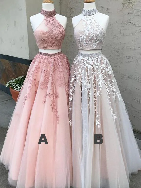 off-shoulder prom dressesHigh Neck Beaded Prom Dresses, Two Pieces Lace Tulle Prom Dresses