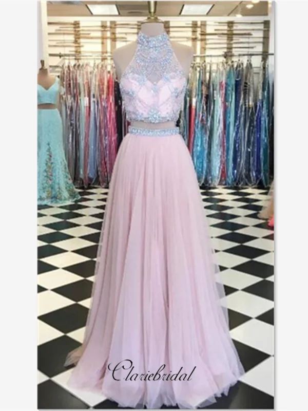 metallic prom dressesHigh Neck Halter Two Pieces Beaded Prom Dresses, A-line Tulle Prom Dresses