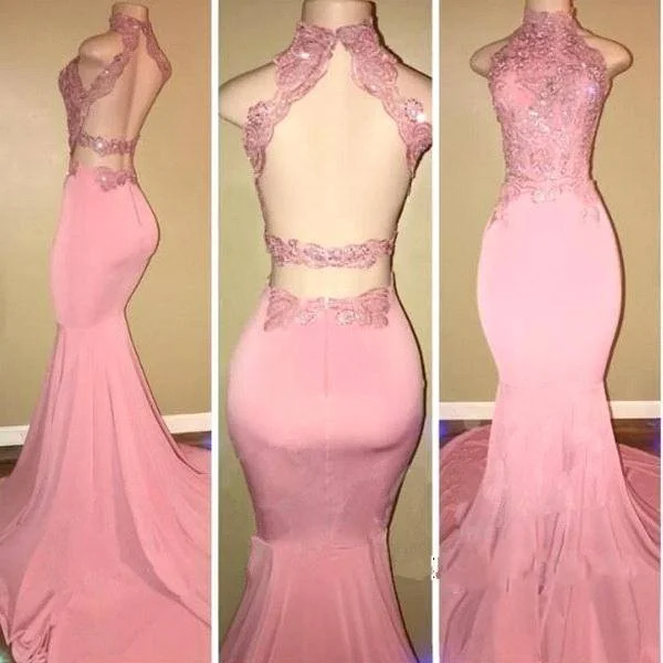 high-slit prom dresses2025 High-Neck Mermaid Long Pink Prom Dresses