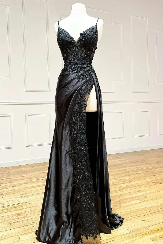 mid-length prom dressesHot 2025 Black Long Prom Dress Lace V Neck Formal Dresses A Line High split