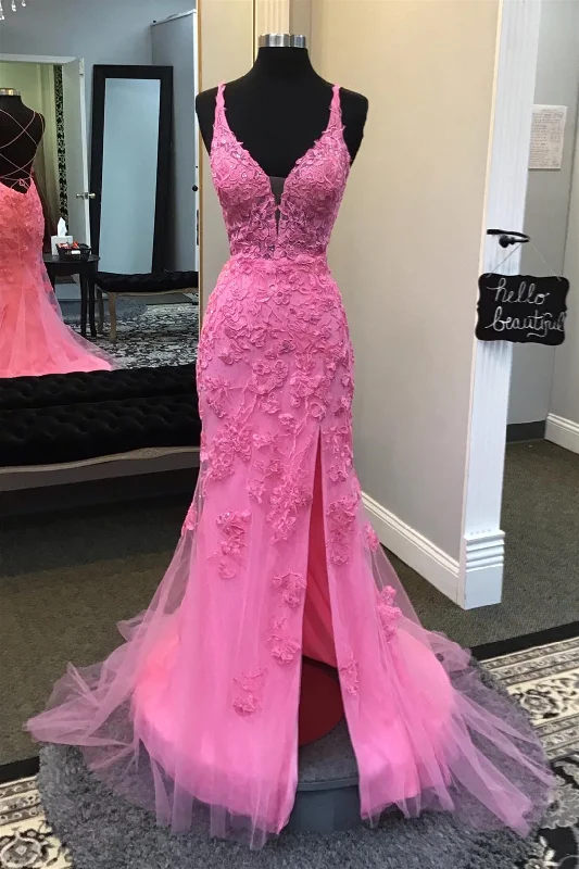 prom dress fitting adviceHot Lace Mermaid Prom Dress Plunge Neck Pink Appliques with Slit