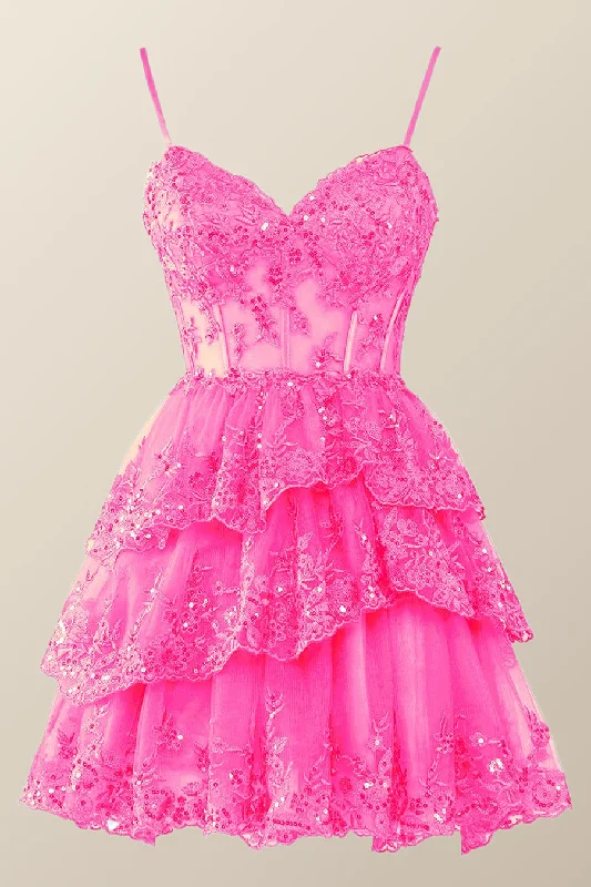 short prom dressesHot Pink Short Prom Dress Straps Appliques Tiered Homecoming Dress Layered