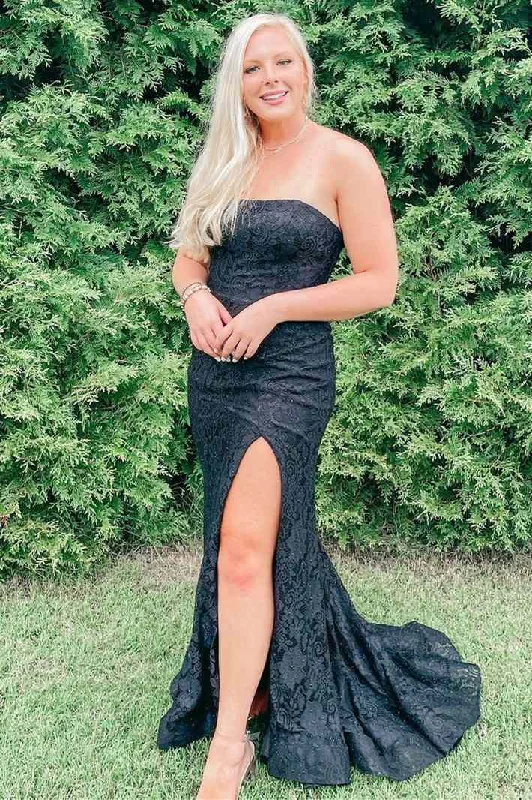 sequined prom dressesLace Black Formal Dress Strapless Mermaid Prom Dress