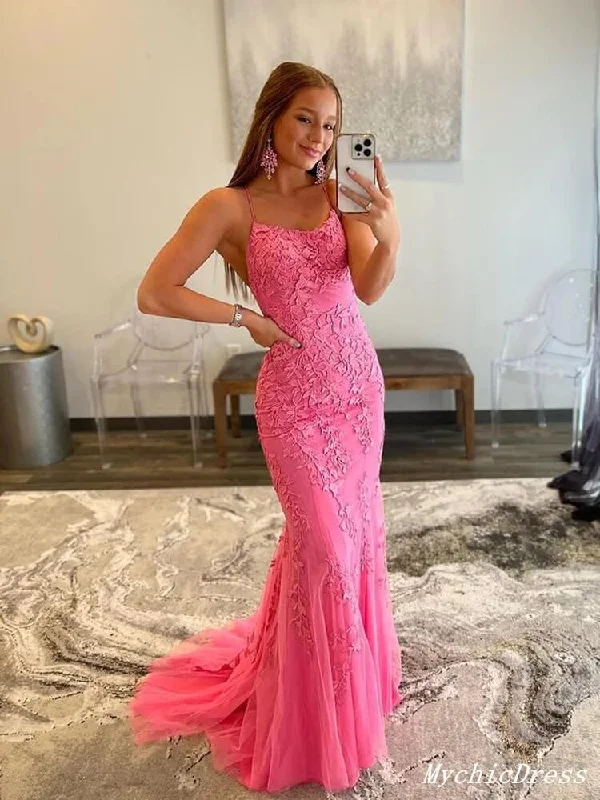 high-low prom dressesLace Hot Pink Prom Dresses 2025 Mermaid V Neck Long Formal Dress