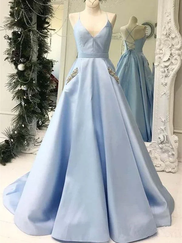 prom dresses with lace appliquésLight Blue V-neck Prom Dresses, A-line Prom Dresses, Beads Prom Dresses