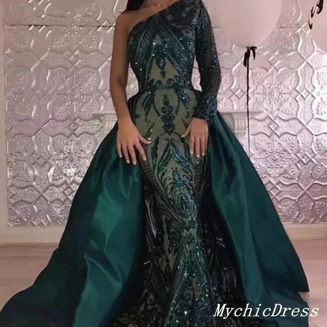 long prom dresses2025 Long Lace one Shoulder Prom Dresses Emerald Green UK Detachable Train