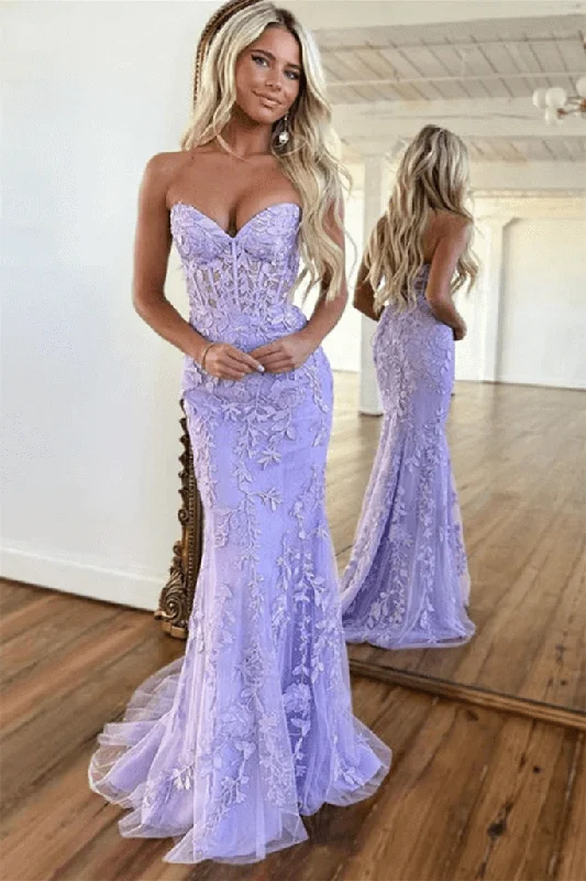 floral prom dresses2025 Long Mermaid Purple Lace Prom Dresses Violet Strapless Formal Dress