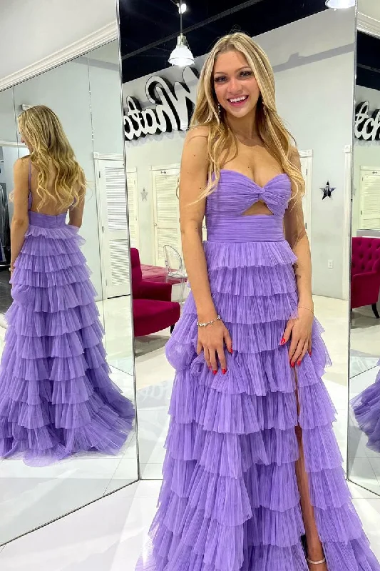 prom dresses with beaded accentsLong Purple Tulle Prom Dresses Ruffle Sweetheart Keyhole Slit