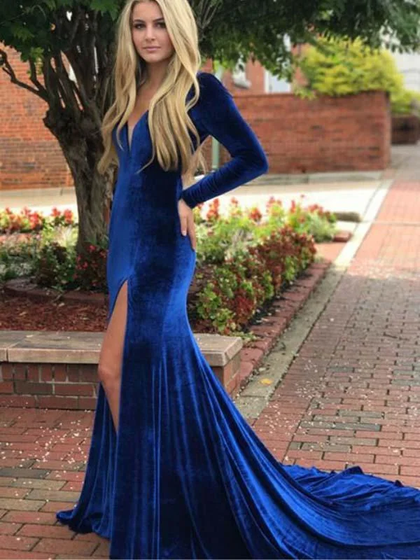 silk prom dressesLong Sleeves Velvet Prom Dresses, Royal Blue Open Back Prom Dresses, Prom Dresses