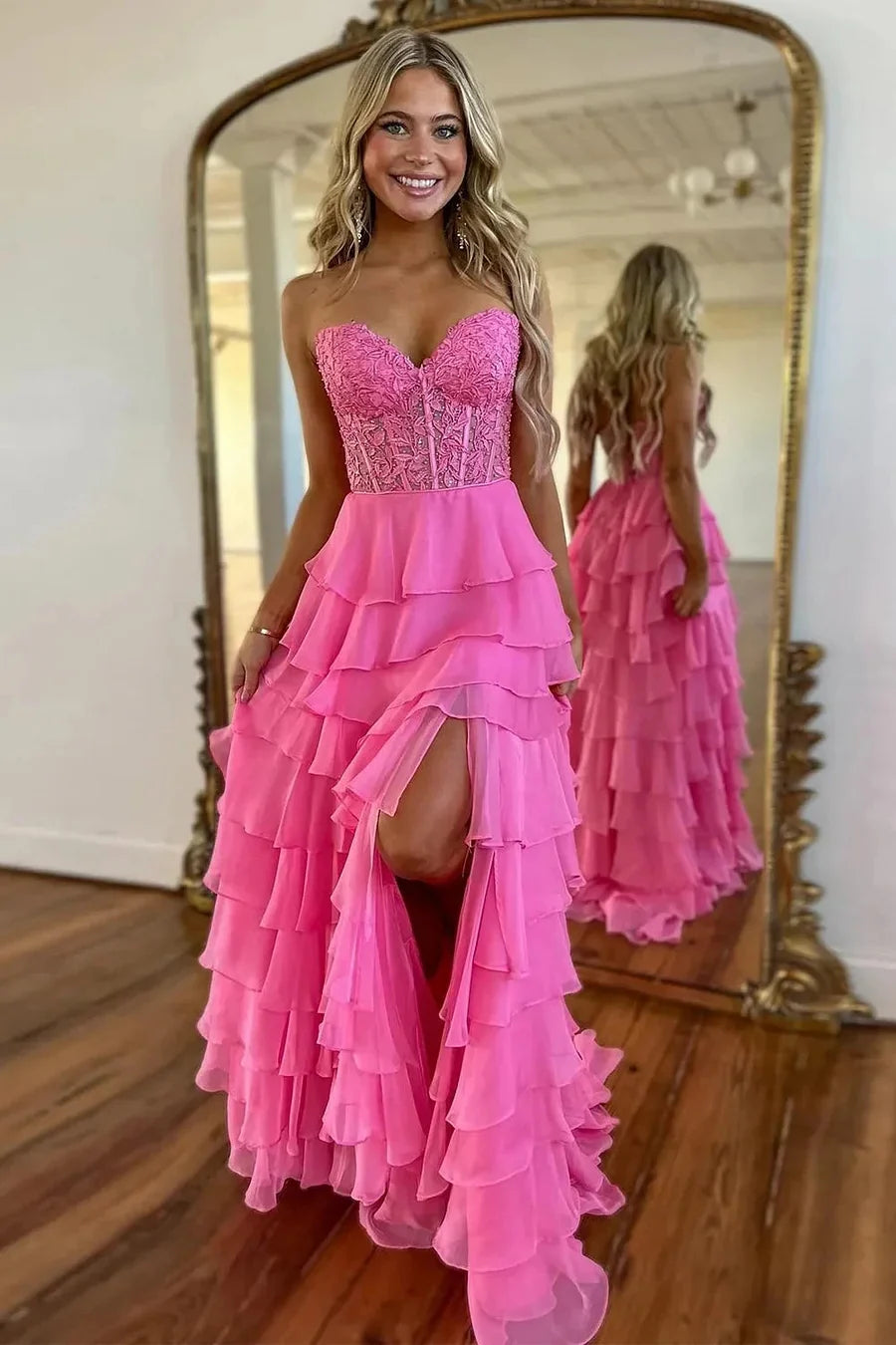 two-piece prom dressesLong Tiered Pink Formal Dresses Corset Lace Prom Dress A-Line