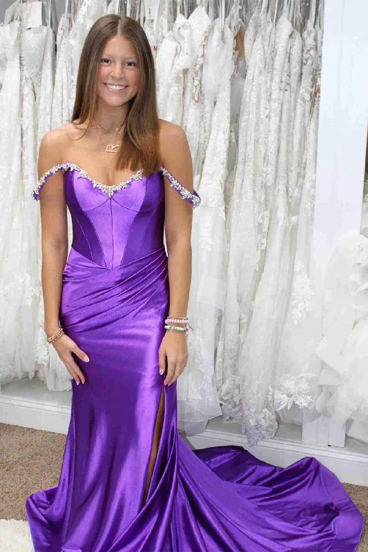 prom dresses with sheer overlaysMermaid Beaded Off the Shoulder Purple Prom Formal Dress with Slit