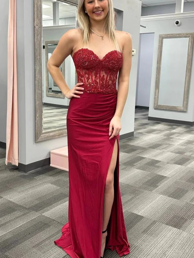 prom dresses for apple shapesMermaid Long Beaded Burgundy Lace Prom Dresses Strapless