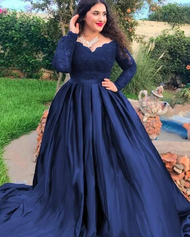 prom dresses for short girlsNavy Blue Satin Quince Dresses Long Sleeves Plue Size Prom Dresses