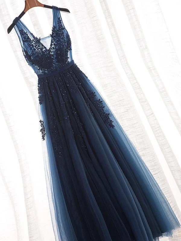 prom dress try-on ideasNavy Lace Beaded Prom Dresses, A-line Appliques Prom Dresses, Popular Prom Dresses