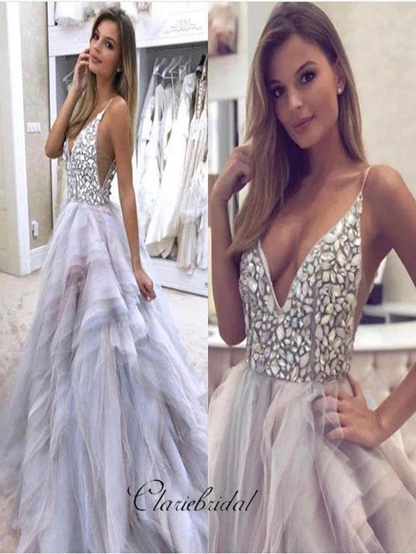 sleeveless prom dressesNewest Rhinestone V-neck Prom Dresses, Sexy Beaded Prom Dresses