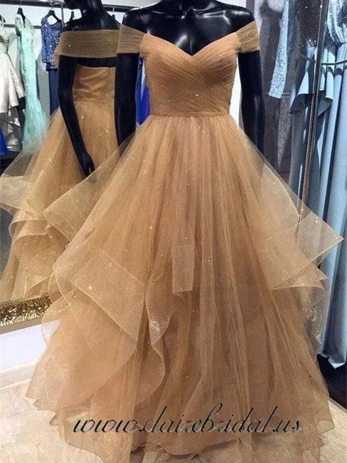 sleeveless prom dressesOff Shoulder Champagne Tulle With Gitter Prom Dresses, Fluffy Prom Dresses