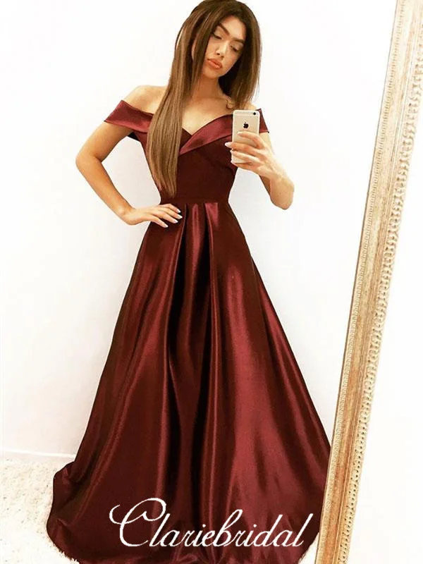 prom dresses with illusion panelsOff Shoulder Maroon Satin Prom Dresses, A-line Prom Dresses, Long Prom Dresses