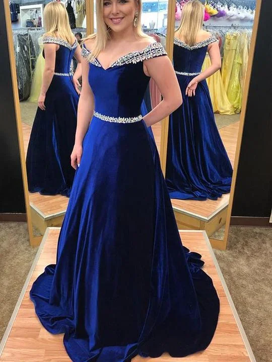 lace-up prom dressesOff Shoulder Royal Blue Velvet Beaded Prom Dresses, Long Prom Dresses