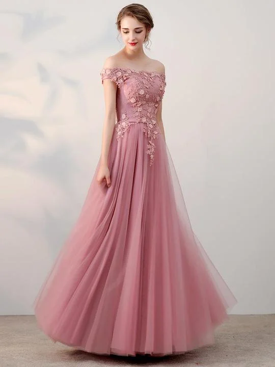 affordable prom dressesOff Shoullder Dusty Pink Tulle Appliques Prom Dresses, Long Prom Dresses