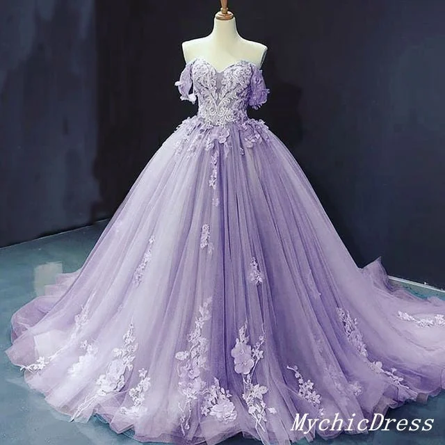 prom dress color trends2025 Off the Shoulder Lace Appliques Purple Prom Dresses Sweet 16 Dresses