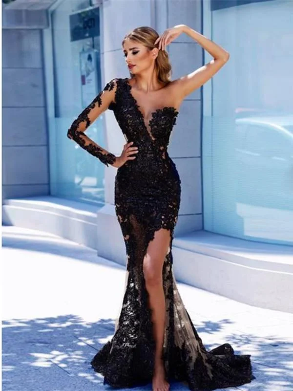 prom dresses with illusion panelsOne Shoulder Long Prom Dresses, Lace Prom Dresses, Mermaid Prom Dresses