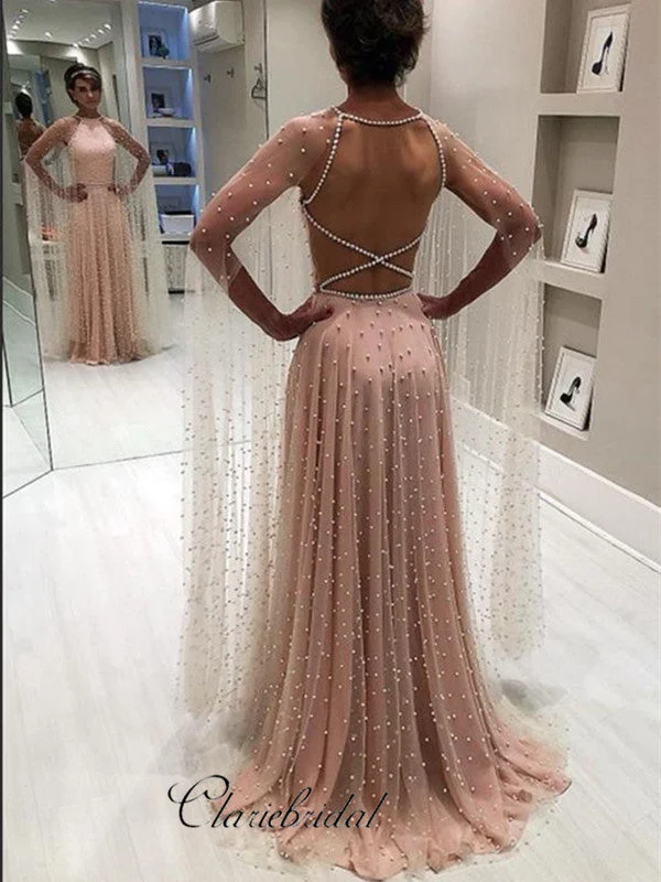 petite prom dressesOpen Back Tulle Beaded Long Prom Dresses, Unique Modest Prom Dresses