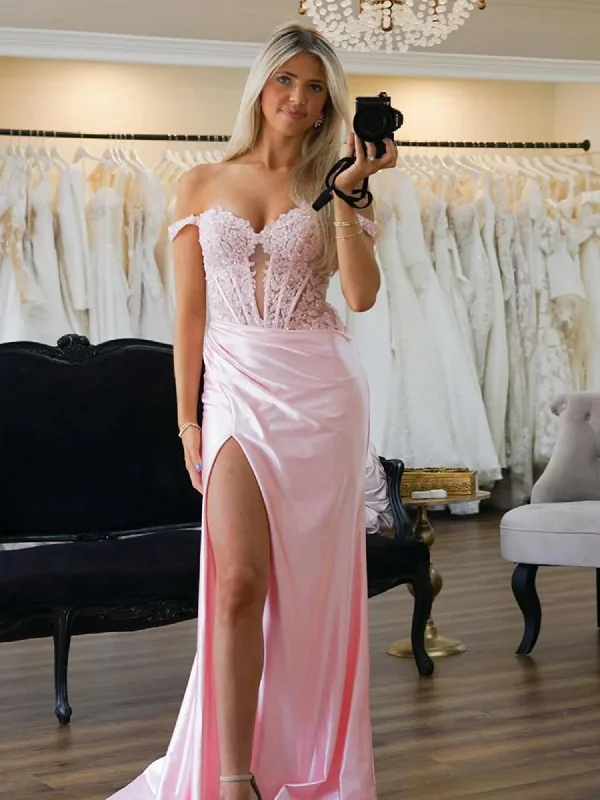 prom dress try-on ideasPink Long Prom Dresses Satin Mermaid Sweetheart Formal Wear