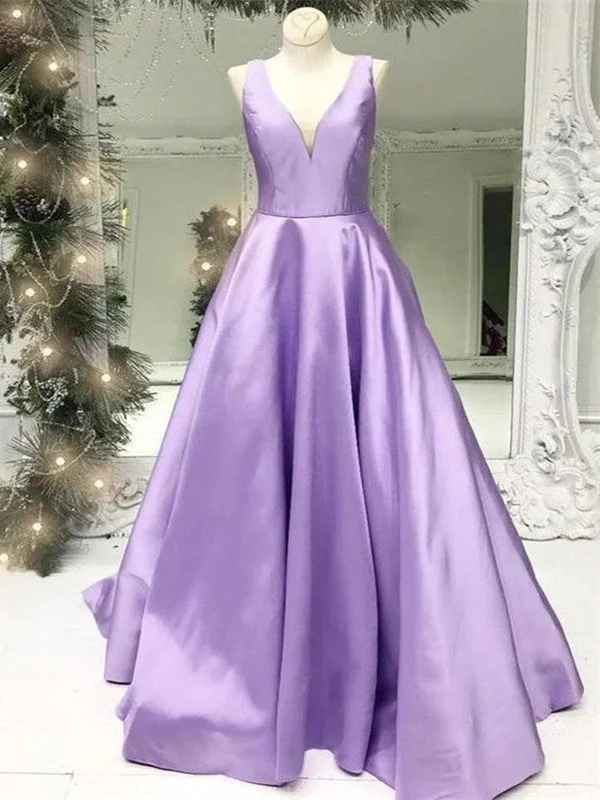 lace-up prom dressesPurple Color Elegant A-line Prom Dresses, Stain V-neck Prom Dresses